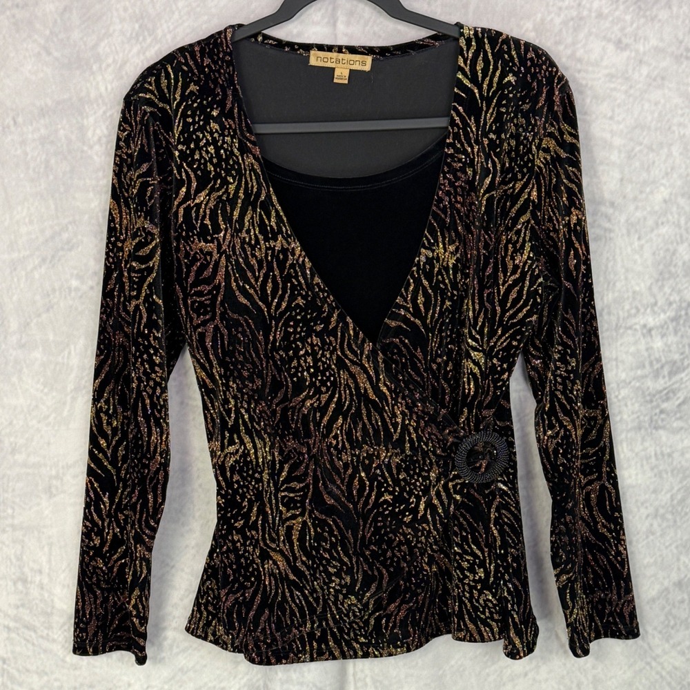 Vtg y2k Black Velvet glitter surplice Top Plus Size L Whimsigoth Witchy Glam